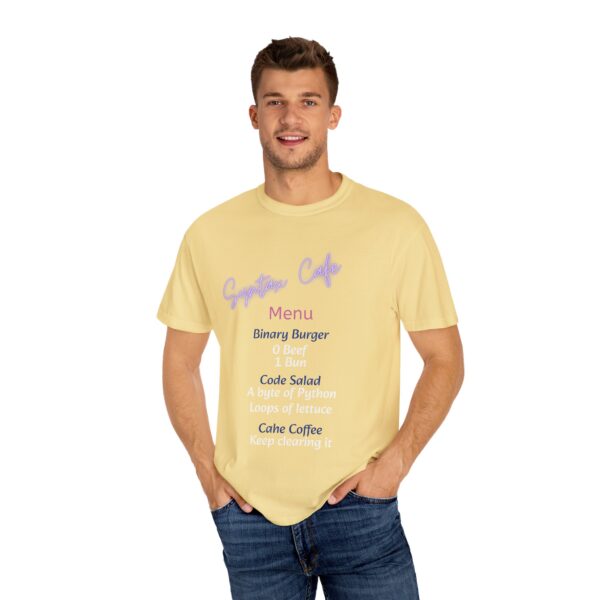 Unisex Cafe Menu T-Shirt for Foodies & Programmers - Trendy Garment-Dyed Tee