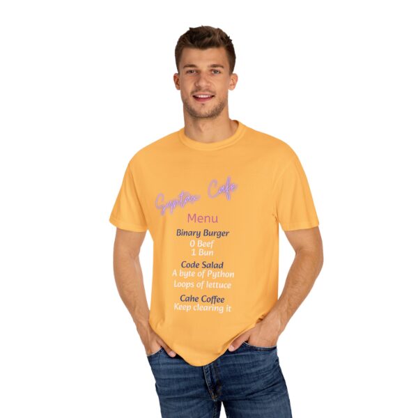 Unisex Cafe Menu T-Shirt for Foodies & Programmers - Trendy Garment-Dyed Tee